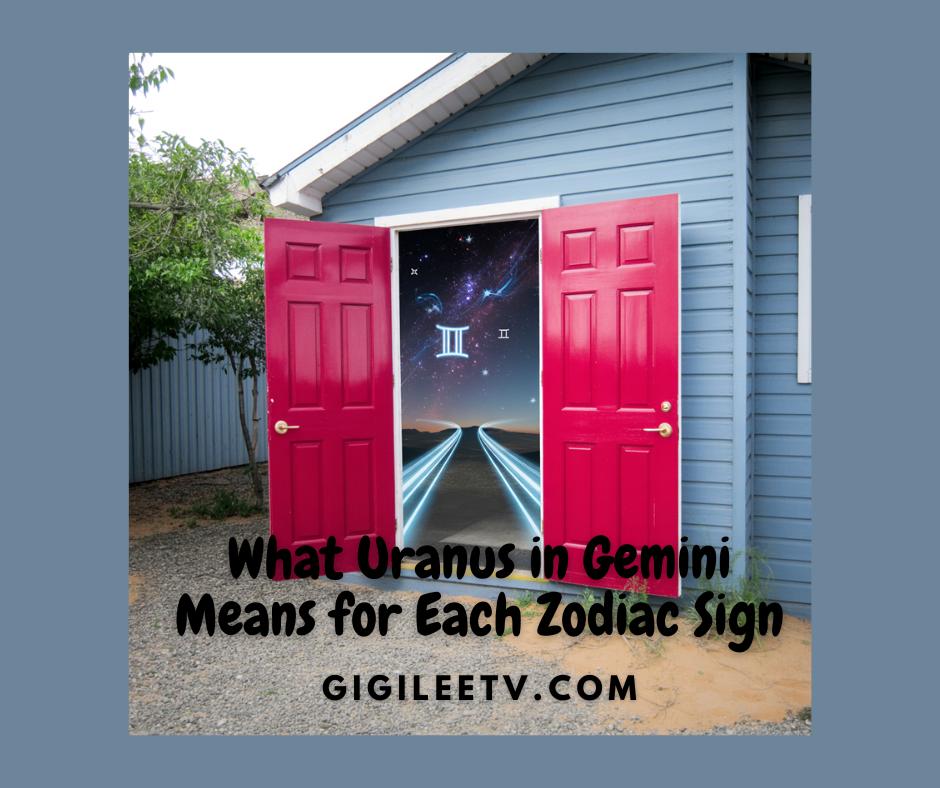 Colorful graphic with bright red doors and text overlay that reads “What Uranus in Gemini Means for Each Zodiac Sign” — placed over a modern, stylized house exterior. The image symbolizes opportunity, opening portals, and astrological insight