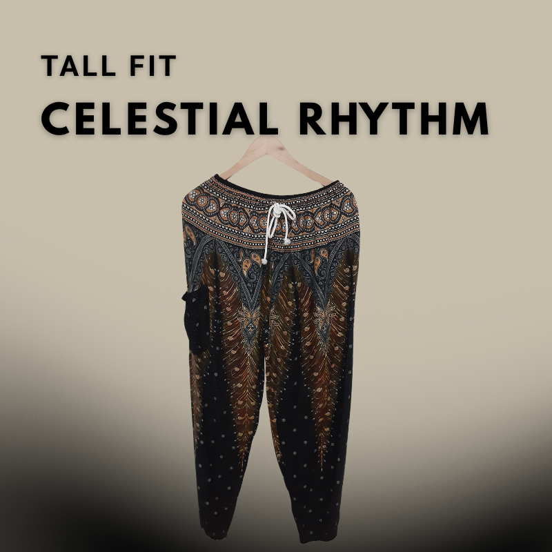 Tall fit harem pants named “Celestial Rhythm” in dark boho pattern, designed for tall women, displayed against a warm gradient background.