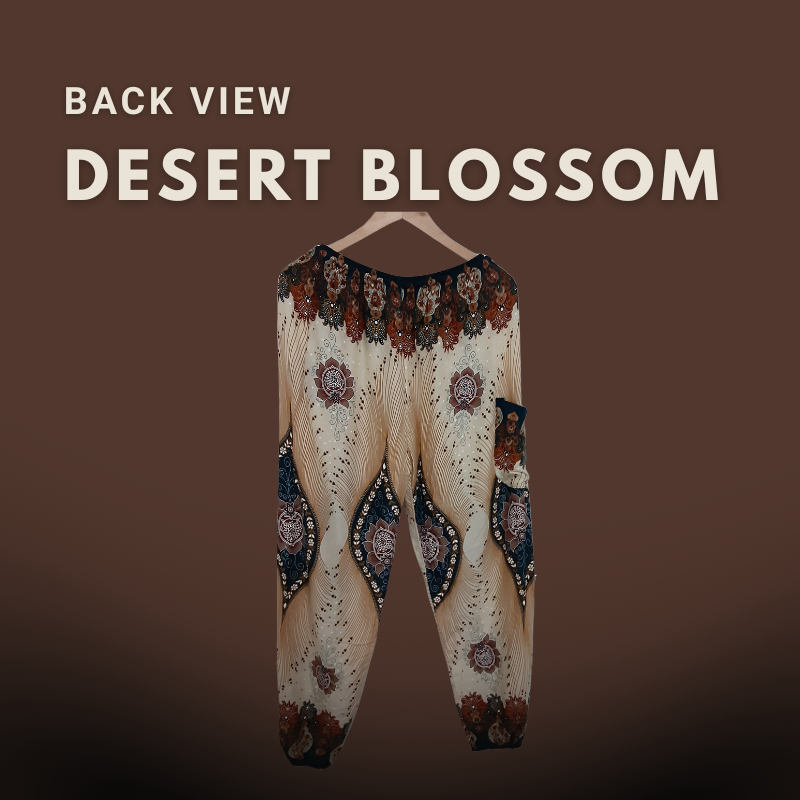 Desert Blossom – Tall Fit Boho Harem Pants for Women 2 Tall fit harem pants named “Desert Blossom” displayed against a warm brown backdrop. Features a flowing cut and tribal-inspired print, designed for tall women.