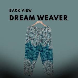 Tall fit harem pants in deep teal with white mandala-style dreamcatcher prints, designed for tall bodies and made from soft rayon.