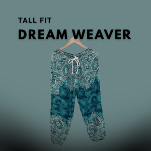 Tall fit harem pants in deep teal with white mandala-style dreamcatcher prints, designed for tall bodies and made from soft rayon.