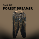 Tall boho harem pants in forest-inspired print designed for tall women, displayed on a neutral brown background.