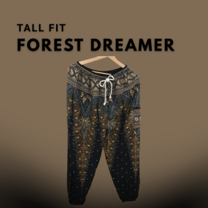 Tall boho harem pants in forest-inspired print designed for tall women, displayed on a neutral brown background.