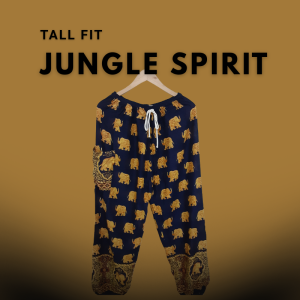 Tall fit Jungle Spirit harem pants in navy blue and ochre with bold elephant and tribal motifs, styled for taller bodies.