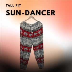 Tall fit harem pants in red and white boho pattern with elastic waistband, displayed on neutral background for the Sun-Dancer style.