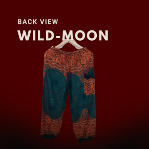 Tall fit harem pants in a bold red and turquoise color block pattern labeled "Wild Moon" against a deep burgundy background.