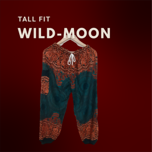 Tall fit harem pants in a bold red and turquoise color block pattern labeled "Wild Moon" against a deep burgundy background.