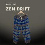 Tall fit harem pants in navy blue and sky blue with mandala-inspired patterns, perfect for taller women seeking balance and comfort.