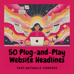 Illustration of a woman sitting cross-legged with a laptop, surrounded by dreamy cosmic visuals like stars, clouds, and celestial swirls. Icons for WordPress, Pinterest, and a storefront appear in the background. The bold text reads: “50 Plug–Play Website Headlines that Actually Convert.” The overall design is colorful, magical, and tech-savvy, symbolizing digital creativity and content marketing.