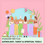 Illustration of four women standing under a cosmic sky with text Stargazer Free Plan, representing GigiLeeTV Free Astrology Membership with horoscopes and spiritual tools
