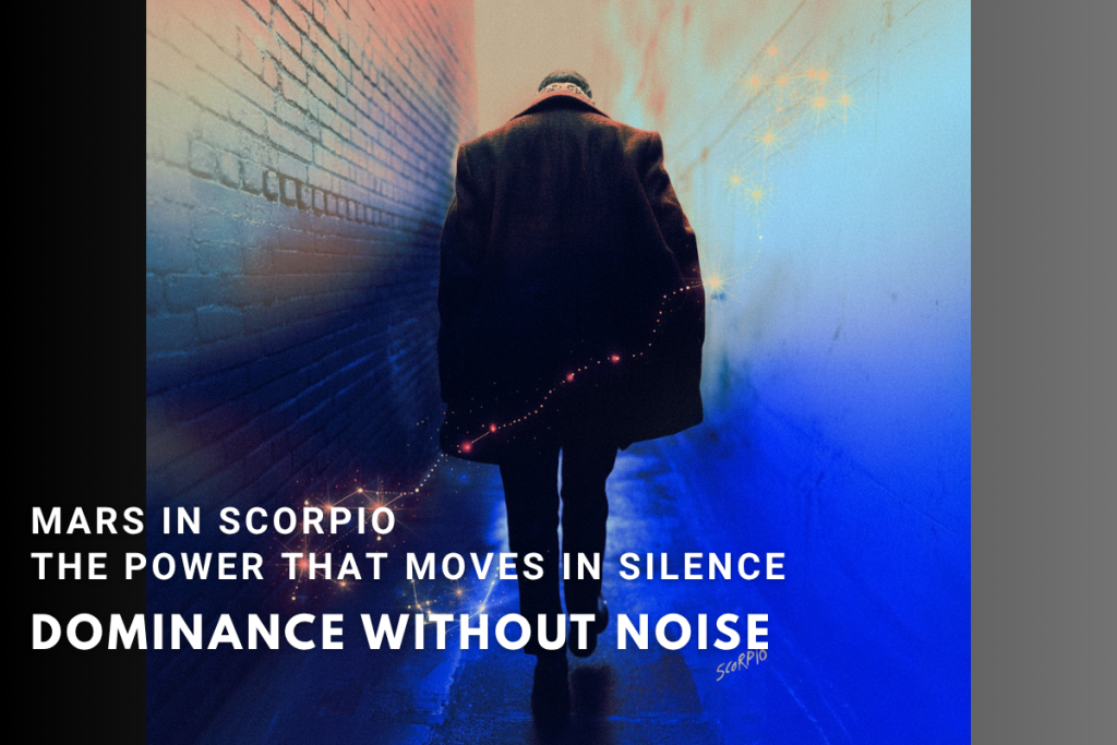 Mysterious man walking under red and blue cosmic light, representing Mars in Scorpio energy during the November 2025 horoscope — symbolizing power, strategy, and transformation.