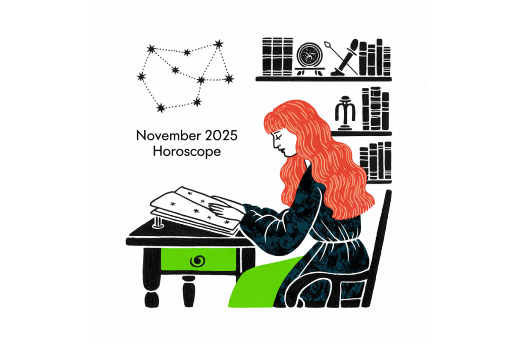 Illustration of a woman studying astrology charts beside a glowing Moon calendar, representing the November 2025 horoscope and zodiac forecast.