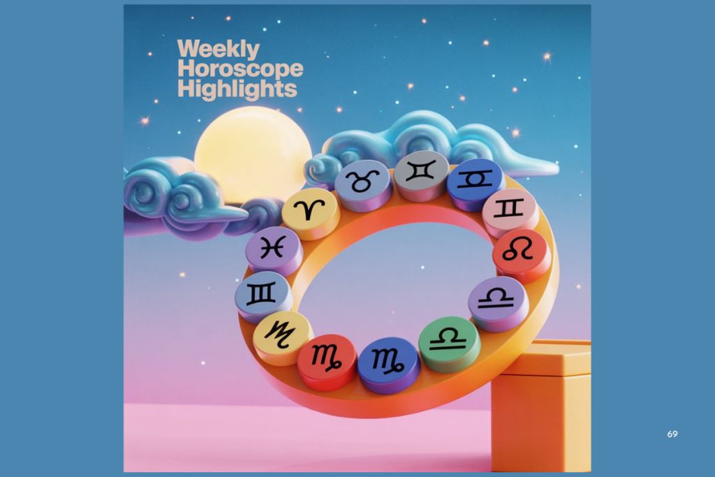 Weekly horoscope Oct 5–11, 2025 featuring zodiac signs in a colorful celestial design, highlighting the Aries Full Moon and Libra Season astrology forecast.