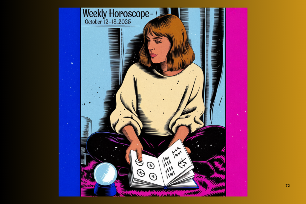 Illustration of a woman reading tarot cards under cosmic light, representing the Weekly Horoscope for October 12–18, 2025 — Venus alignment and zodiac guidance for Cancer, Leo, and Virgo.