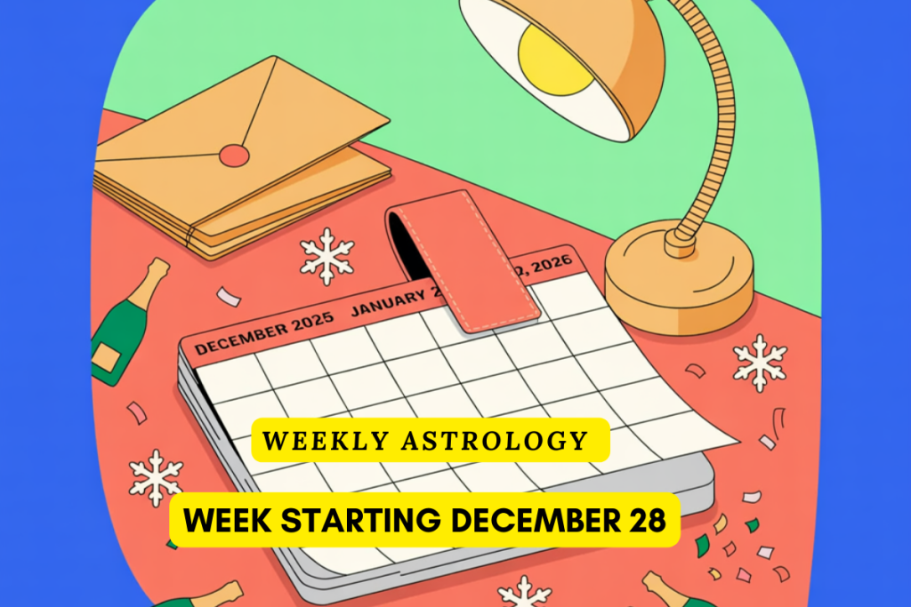 Colorful illustration for the weekly horoscope starting December 28, 2025, featuring astrological symbols