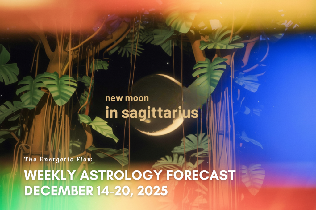 Weekly Astrology Forecast illustration with vibrant cosmic imagery and zodiac symbols.