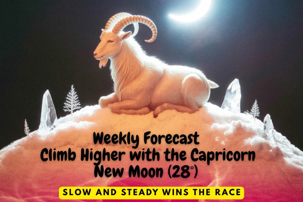 Weekly Horoscope January 18-24 2026 Taurus horoscope graphic featuring Built to Last Taurus Tee with slow and steady wins the race design channeling Capricorn stellium endurance.