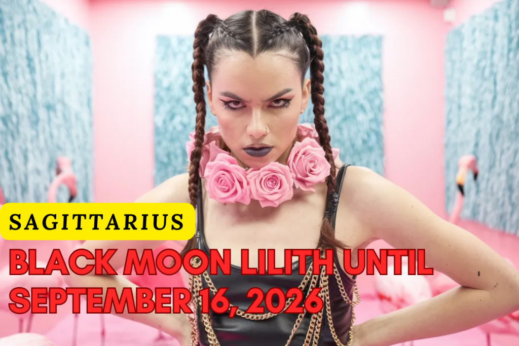 Collage of Black Moon Lilith in Sagittarius astrology images: fierce women, cosmic energy, Sagittarius symbol, wild feminine shadows, rebel duality transit December 2025 to September 2026 – Gigi Lee TV featured graphic.