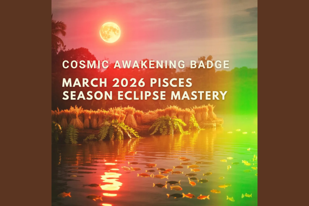 Mystical total lunar blood moon eclipse in Virgo rising over a lush jungle river at golden hour, with sun rays piercing misty canopy, Pisces fish in turquoise waters, Virgo wheat symbols on the bank, ethereal nature scenery for March 2026 astrology horoscopes.
