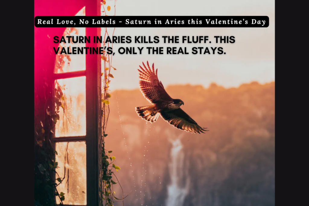 Celestial collage of Saturn, a glowing red heart, and a fiery ram (Aries) over a gold zodiac wheel, titled "Star-Crossed Lovers: Saturn in Aries."