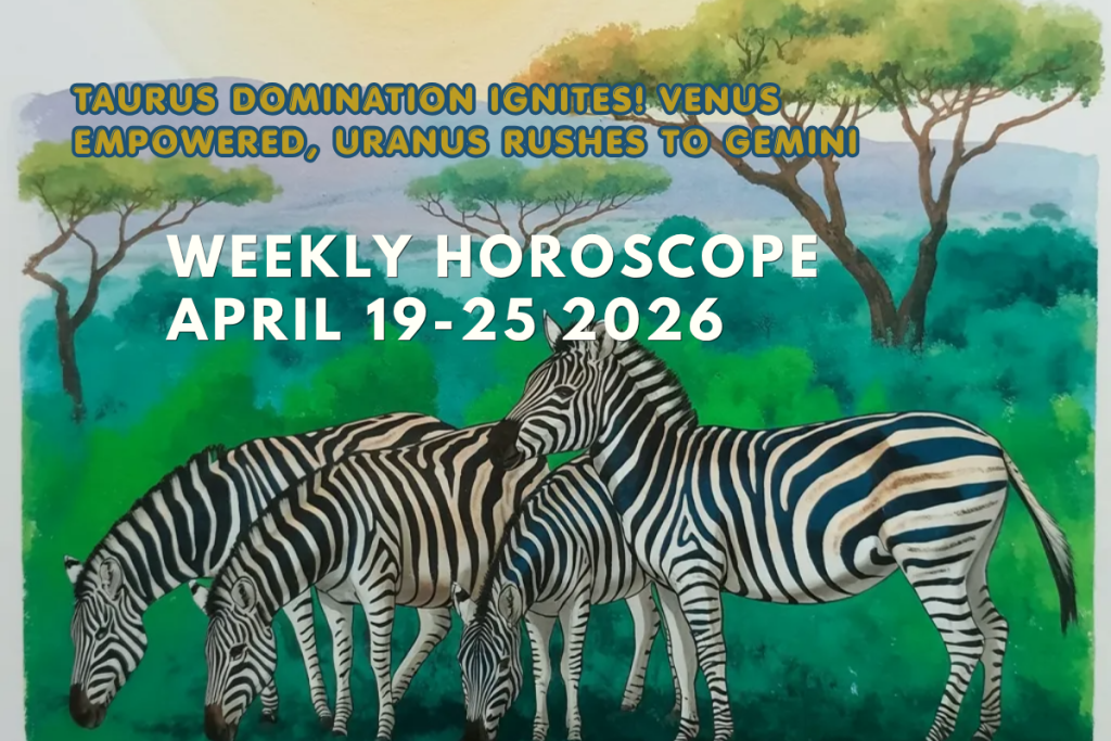 Vibrant illustration of four zebras grazing and drinking at a watering hole in a lush African savanna, with acacia trees, green bushes, purple mountains, and a large yellow sun overhead, symbolizing earthy Taurus stability for the weekly horoscope April 19-25, 2026.