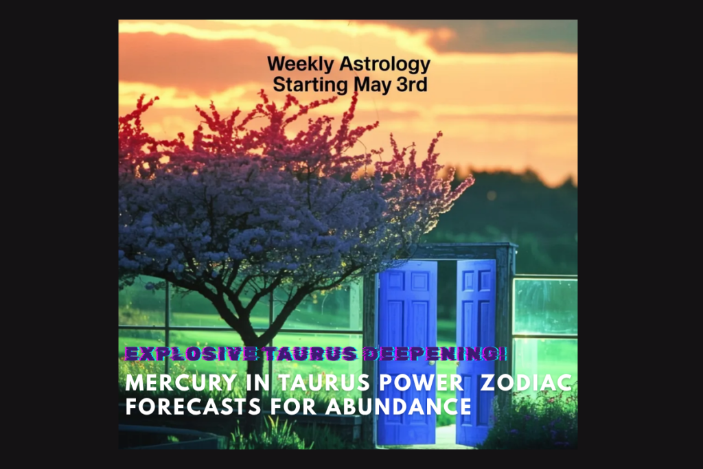 Serene sunset landscape with pink-blossoming trees lining a riverside path, a traditional wooden house in the background, and warm orange skies, symbolizing Taurus season's grounding abundance and sensual beauty for the weekly horoscope May 3-9, 2026.