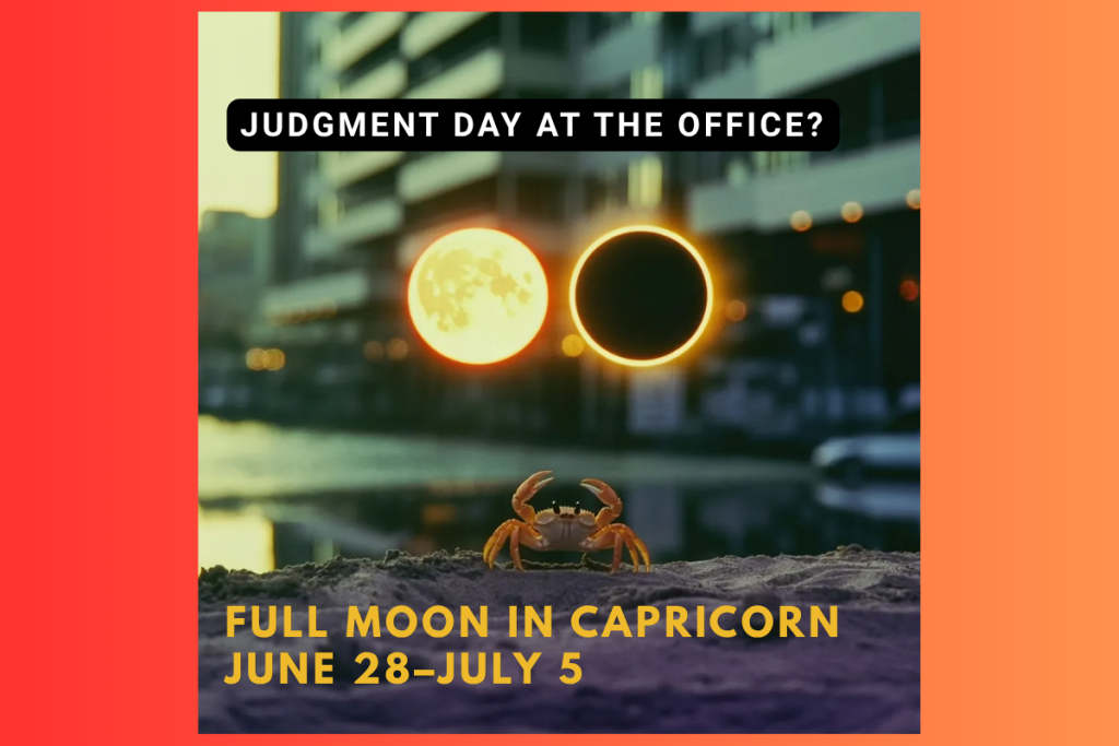 Full Moon in Capricorn June 28–July 5 2026 with Cancer crab on sand and two glowing moons in orange frame