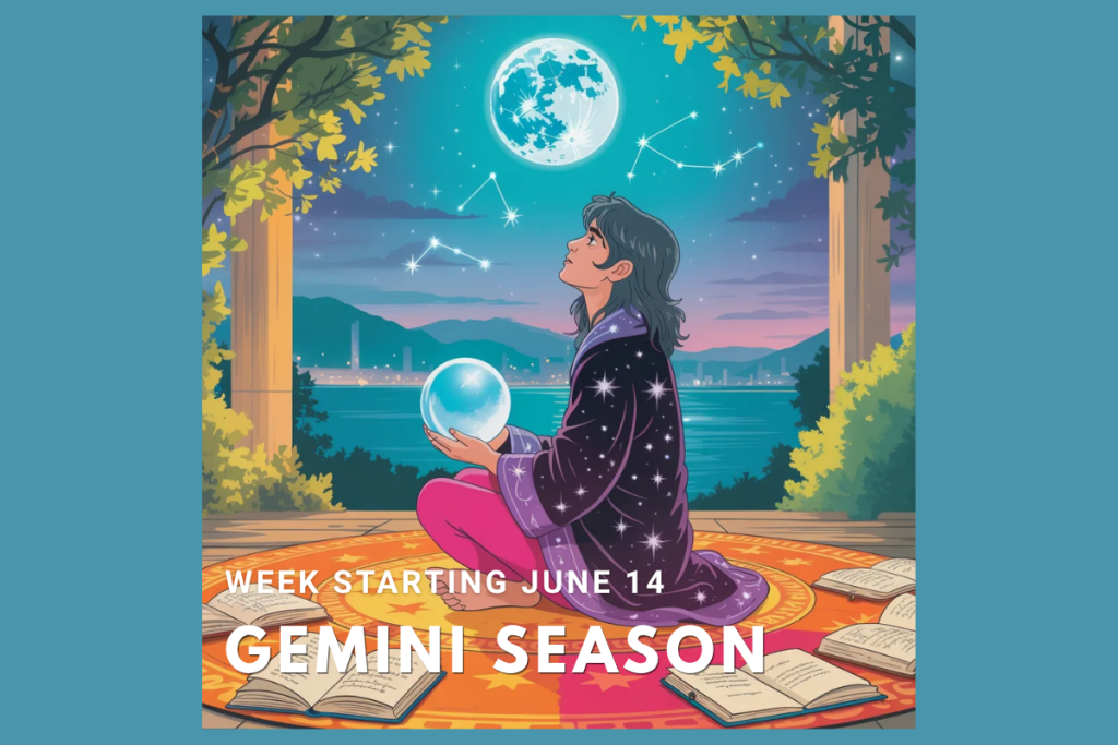 Happy Birthday Gemini New Moon 2026 astrology art – cosmic zodiac illustration for weekly horoscope June 14–20 2026